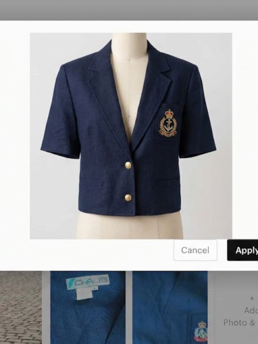 Vintage Chaus Navy Blue Blazer Jacket Crest Anchor Ramie Cotton Sz L Short Sleev